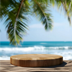 product display on wooden podium with blurred sea tropical beach