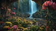 waterfall in the forest Horror  mural of a cursed beautiful landscape, with poisonous flowers, spikes, webs, eyes, slime, 