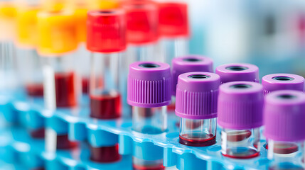 Laboratory Blood Samples in Test Tubes on Blue Rack