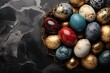 Colorful Easter Eggs with Golden Decor on Dark Background, Festive Theme and Copy Space