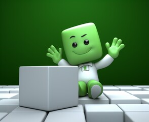 Wall Mural - A green block character with a smile on a computer screen Generative AI
