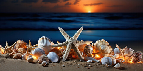 Wall Mural - An array of sea shells and starfish rest on the shore, bathed in the moonlight's silver glow