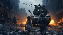 Two Homeless Little Kids Walk Over In A Destroyed City, Soldiers And Helicopters And Tanks Are Attacking The City