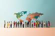 © Ishra - Multi cultural Human figures standing in front of world map and looking at it, cute human puppet figures near the word map, world population concept in a minimalist copy space background
