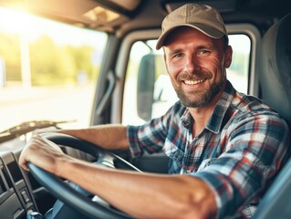 Handsome happy male driver driving a truck