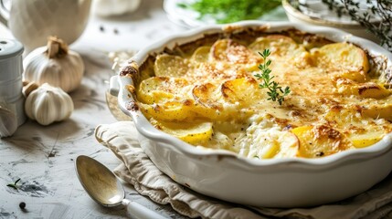 Sliced potatoes baked in cream and cheese Gratin dauphinois, copy space.