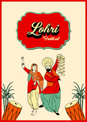 Wall Mural - Happy Lohri festival, Panjabi couple dancing vector illustration with Indian festival background