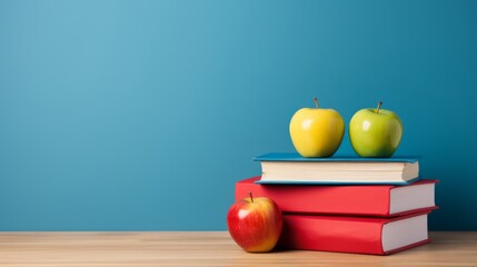 Two apples resting on a stack of books