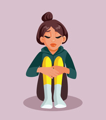 Wall Mural - Sad Teen Sitting on the Ground Suffering Alone Vector Illustration. Upset teenager suffering from mental health problems and traumatic experiences 
