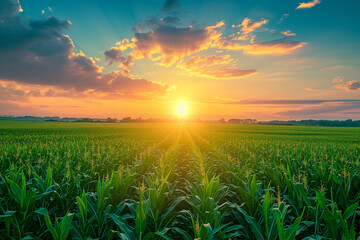 Wall Mural - Sunset over corn field with blue sky and clouds