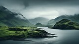 Fototapeta Natura - Rugged scottish landscape with rolling hills and a misty loch