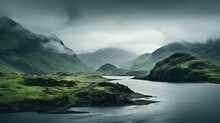 Rugged Scottish Landscape With Rolling Hills And A Misty Loch