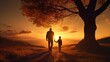 Joyful father-son bonding in park at sunset with tree silhouette backdrop