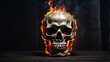 human head skull emitting fire on a dark background