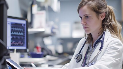 Female doctor working at computer in ICU ward for consulting