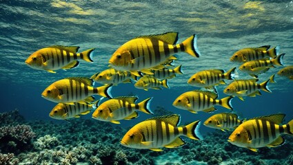 Wall Mural - With their vivid black and yellow stripes making a striking contrast with the deep blue background, a school of sergeant major fish smoothly glides across the clear waters.