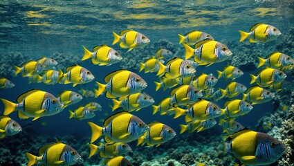 Wall Mural - A school of sergeant major fish swim gracefully through the crystal clear waters, their vibrant yellow and black stripes creating a stunning contrast against the deep blue background