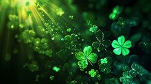 St. Patrick's Day Abstract Green Background Decorated With Shamrock Leaves. Generative AI
