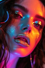 Wall Mural - Colorful portrait of a beautiful young woman over colorful bright neon lights posing in studio