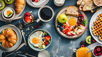 Wall Mural - Healthy sunday breakfast with croissants, waffles, granola and sandwiches. Generative AI