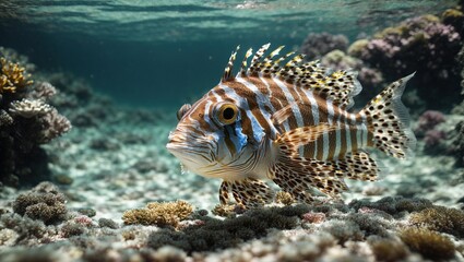 Wall Mural -  beauty of sunrays through crystal clear water, illuminating the colorful stones beneath the surface with a brown and white Lionfish under water