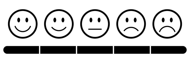 Wall Mural - Rating emojis set in black with outline with a black rating scale. Feedback emoticons collection, Very happy, happy, neutral, sad and very sad emojis with review measuring scale.