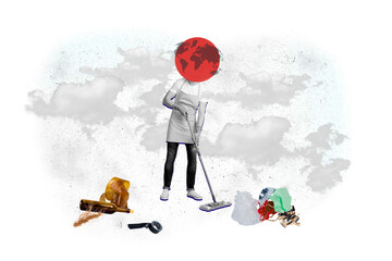 Poster - Creative collage picture illustration monochrome effect sad tired headless man clean up mop wipe trash plastic white background