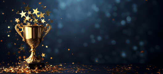 Wall Mural - golden victory trophy and golden stars with copy space