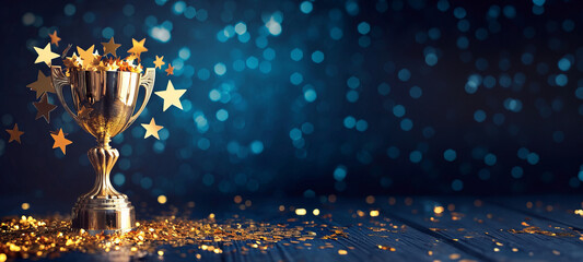 Wall Mural - golden victory trophy and golden stars with copy space