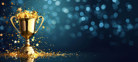 Wall Mural - golden victory trophy and golden stars with copy space