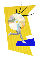 Sticker - Vertical collage creative illustration monochrome effect legs run jump eyelashes dvd disk plate exclusive white yellow blue background