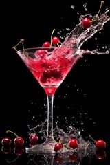 Wall Mural - cherry red  cocktail with ice and splashes isolated on black background. Bar restaurant poster.