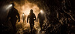 Silhouette of miners in an underground coal mine with copy space