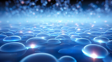 Wall Mural - The image depicts a serene, vast field of luminescent blue bubbles against a soft, bokeh light background, invoking a sense of tranquility and the microscopic world.Background concept. AI generated.