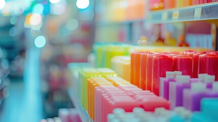 Sticker - A row of colorful soap bars on a shelf in the store, AI