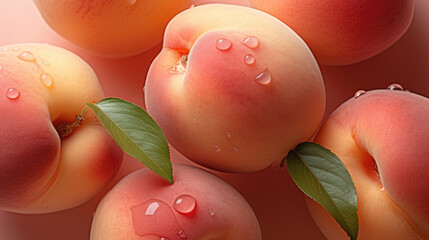 Sticker - Many fresh peaches with glistening water droplets, creating a sense of juiciness and freshness. Suitable for food and beverage advertising, summer-themed designs, or healthy lifestyle content.