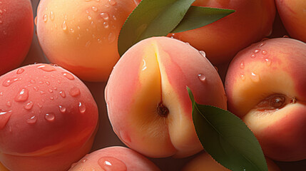 Poster - Many fresh peaches with glistening water droplets, creating a sense of juiciness and freshness. Suitable for food and beverage advertising, summer-themed designs, or healthy lifestyle content.