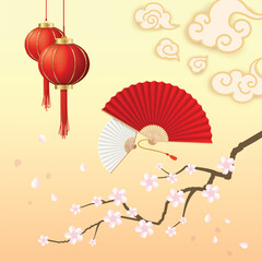 Sticker - Japan Concept with Realistic Detailed 3d Elements Include of Blooming Sakura Branch with Flowers, Hand Fans and Lanterns. Vector illustration