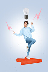 Poster - Vertical collage image of mini cheerful girl dancing big arrow pointer cursor listen music earphones energy light bulb isolated on blue background