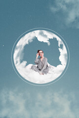 Sticker - Vertical surreal photo collage of young pretty fashionable woman woken up in clouds bubble air cheerful relaxed happy on sky background