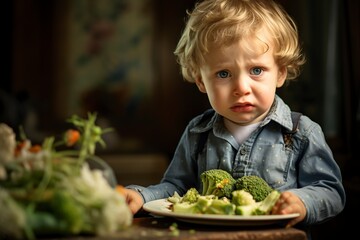 child crying and upset about the plate of vegetables he has to eat