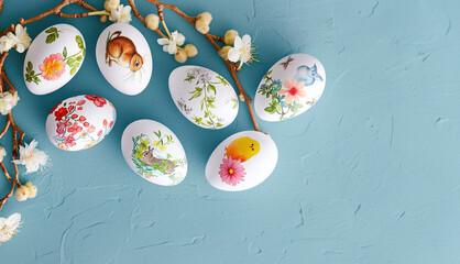 Wall Mural - Hand-Painted Easter Eggs with Spring Motifs of Birds, Bunnies, and Carrots on a Pastel Blue Background