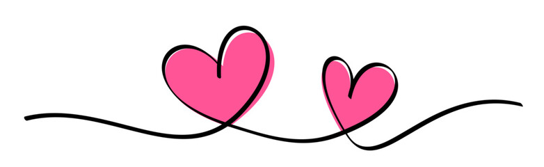 Wall Mural - two pink hearts continuous wavy line art drawing on white background.