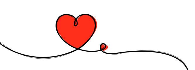Wall Mural - single red heart continuous wavy line art drawing on white background.