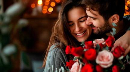 love forever. excited and happy couple in love are hugging, kissing and celebrating the st valentine