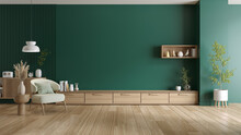 Modern Mid Century Green Living Room ,armchair With Wood Cabinet And Dark Green Wall ,Mockup A TV Wall Mounted,3d Render