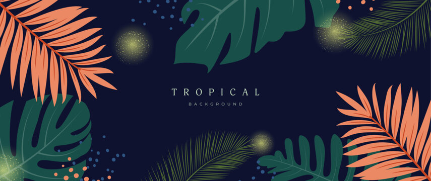 Abstract background of botanical tropical palm leaves branches in the jungle in bright color tones with halftone fireflies. Design for banner poster decoration. Flat style. Vector illustration.