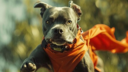 Wall Mural - A dog wearing a red cape running through the woods, AI