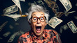 Super excited and shocked elderly woman with money flying around her