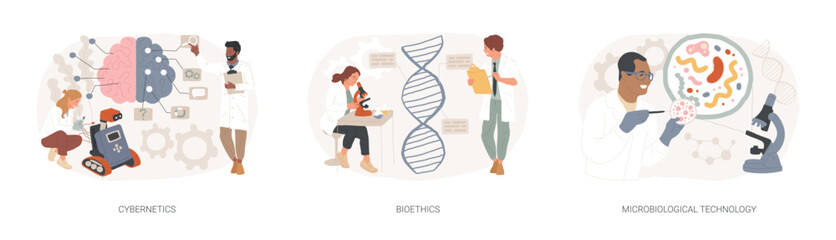 Wall Mural - biological science isolated concept vector illustration set. cybernetics and bioethics, microbiologi
